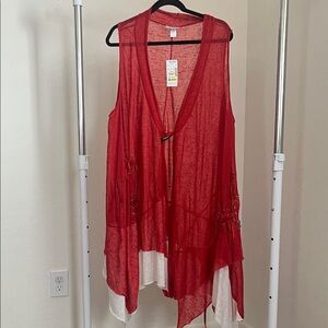 Red Sheer Sleeveless Cardigan by Mirror Image